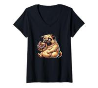 Womens Cute Pug Eating Donut Sweet Cartoon Fun V-Neck T-Shirt