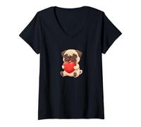 Women's Cute Pug Holding Heart Cartoon Design V-Neck T-Shirt