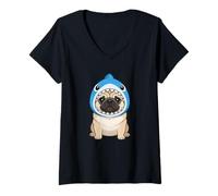 Women's Cute Pug in Shark Costume Carnival Brazil Fun V-Neck T-Shirt