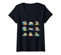 Women's Cute Pug Surfer Dog Cartoon Ocean Waves Summer V-Neck T-Shirt