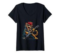 Women's Cute Punk Cat, Rock'n Roll Goth Kitty, Guitar Band Funny V-Neck T-Shirt