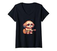 Womens Cute Puppy with Guitar Dog Music Acoustic Vibes V-Neck T-Shirt