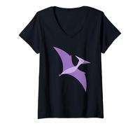 Womens Cute Purple Flying Pterodactyl Dino Cartoon Prehistoric Art V-Neck T-Shirt