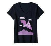 Womens Cute Purple Pterodactyl Flying Dinosaur Mountain Sky Scenery V-Neck T-Shirt