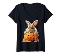 Womens Cute Rabbit Dripping Pumpkin Candy Corn Halloween Animal V-Neck T-Shirt