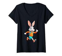 Womens Cute Rabbit Jogging in Sporty Outfit Illustration V-Neck T-Shirt