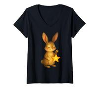 Womens Cute Rabbit with Star Lantern Dreamy Night-Sky Graphic Art V-Neck T-Shirt