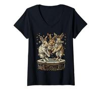 Womens Cute Rabbits Jumping on Trampoline Fall Vibes Autumn Animals V-Neck T-Shirt