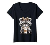 Women's Cute Raccoon Coffee Latte with Leopard Bow V-Neck T-Shirt