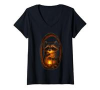 Womens Cute Raccoon Holding Lantern Cozy Firefly Night Illustration V-Neck T-Shirt