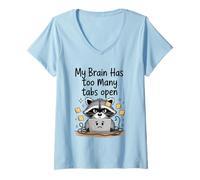 Women's Cute Raccoon My Brain Has Too Many Tabs Open Overthinking V-Neck T-Shirt