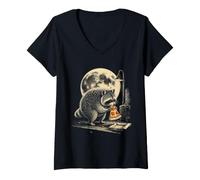 Women's Cute Raccoon Pizza Night Snack Lovers Under Magic Full Moon V-Neck T-Shirt
