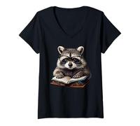 Women's Cute Raccoon Reading Book Nerd V-Neck T-Shirt