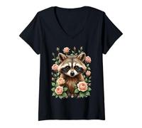 Womens Cute Raccoon Surrounded by Roses Illustration V-Neck T-Shirt