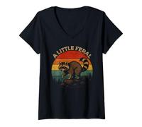 Womens Cute Raccoon Vintage Sunset Animal Artwork A Little Feral V-Neck T-Shirt