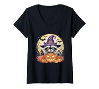 Womens Cute Raccoon Witch Hat Pumpkin Spooky Halloween V-Neck T-Shirt