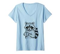 Women's Cute Raccoon with Coffee - Funny Trash Panda Caffeine Lover V-Neck T-Shirt