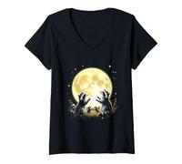 Women's Cute Raccoons Under the Full Moon Night Scene V-Neck T-Shirt