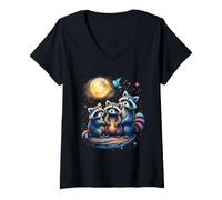 Women's Cute Raccoons Under the Moonlight V-Neck T-Shirt