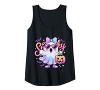 Womens Cute Rainbow Ghost with Bow & “Spooky” Lettering Tank Top
