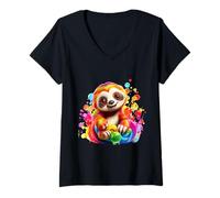 Women's Cute Rainbow Sloth Colorful Bubbles Whimsical Animal Design V-Neck T-Shirt