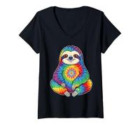 Women's Cute Rainbow Tie Dye Sloth Smiling Animal Art V-Neck T-Shirt