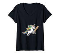 Women's Cute Rainbow Unicorn Playing Cricket Fantasy V-Neck T-Shirt