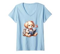 Women's Cute Reading Puppy Fun and Whimsical V-Neck T-Shirt