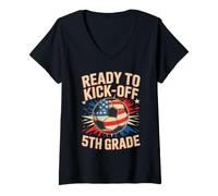 Women's Cute Ready KICK Off 5th Grade Soccer Teacher Happy America V-Neck T-Shirt