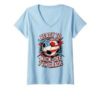 Women's Cute Ready KICK Off 7TH Grade Soccer First Day Teacher 250 V-Neck T-Shirt