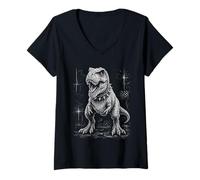 Women's Cute Rebel Dinosaur Rock'n Roll Punk Dino Grunge Goth Alt V-Neck T-Shirt