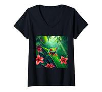 Womens Cute Red-Eyed Tree Frog in the Jungle - Nature Illustration V-Neck T-Shirt