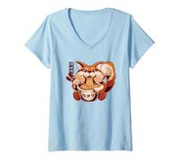 Womens Cute Red Fox Eating Ramen - Adorable Foodie Design V-Neck T-Shirt