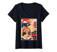 Women's Cute Red Panda Eating Ramen Japanese Food Anime Art V-Neck T-Shirt