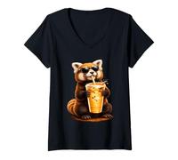 Women's Cute Red Panda Enjoying Iced Coffee Funny Coffee Lover V-Neck T-Shirt