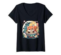 Women's Cute Red Panda Ramen Noodle Lover Kawaii V-Neck T-Shirt