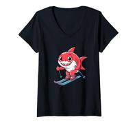 Womens Cute Red Shark On Skis Alpine Winter Cartoon V-Neck T-Shirt