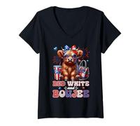 Womens Cute Red White And Boujee Highland Cow 4th Of July Patriotic V-Neck T-Shirt