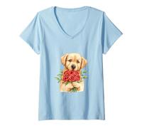 Women's Cute Retriever Puppy Holding Red Roses Watercolor V-Neck T-Shirt