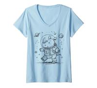 Women's Cute Rhino Astronaut Space Explorer Cartoon V-Neck T-Shirt