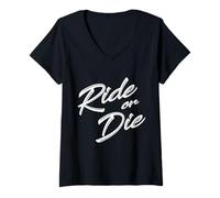Women's Cute Ride OR DIE Distressed White Text V-Neck T-Shirt