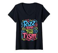 Womens Cute RIZZ 'EM with TISM Frog Prince Autism Teacher Peace V-Neck T-Shirt