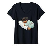 Women's Cute Rottweiler Dog Sleeping in Pajamas Bedtime Art V-Neck T-Shirt