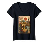 Womens Cute Samurai Cat Slurping Ramen Under Mount Fuji and Sakura V-Neck T-Shirt