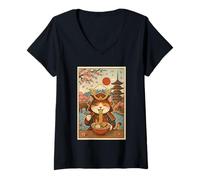 Womens Cute Samurai Cat Slurping Ramen Under Mount Fuji and Sakura V-Neck T-Shirt