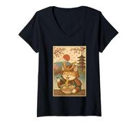 Womens Cute Samurai Cat Slurping Ramen Under Mount Fuji and Sakura V-Neck T-Shirt