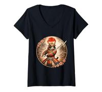Women's Cute Samurai Cat Warrior Japanese Sakura Ninja Kitty V-Neck T-Shirt