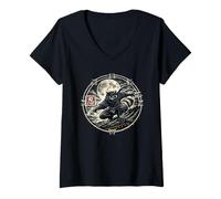 Women's Cute Samurai Raccoon Asian Warrior Shirt V-Neck T-Shirt