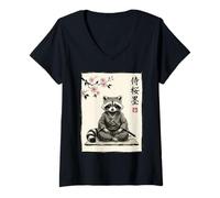 Women's Cute Samurai Raccoon Sitting Under Cherry Blossoms Ink Art V-Neck T-Shirt