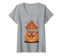 Womens Cute Scottish Highland Cow Thanksgiving Pumpkin Fall Vibes V-Neck T-Shirt